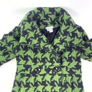 Eccoci Fit & Flare Houndstooth Coat Womens Sz 0 Green Black 100% Wool Dbl Brsted